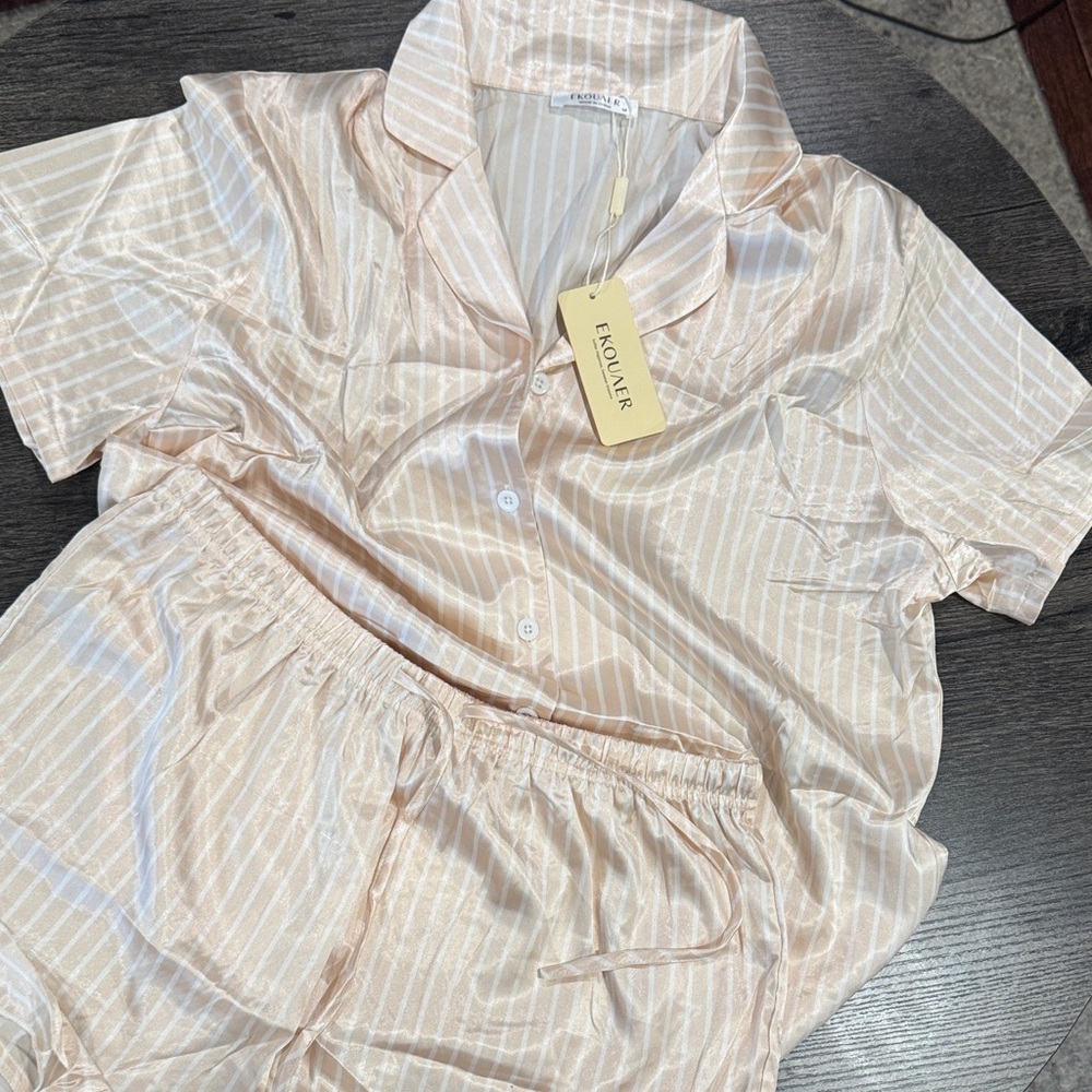 Ekouaer Women's Satin Short Sleeve Pajama Set - Pale Blush Stripe Medium